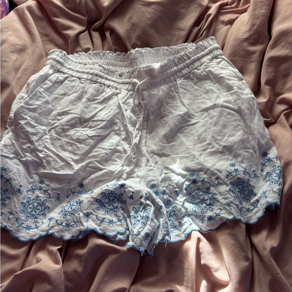 Calypso St. Barth White and Blue Embroidered Women Shorts